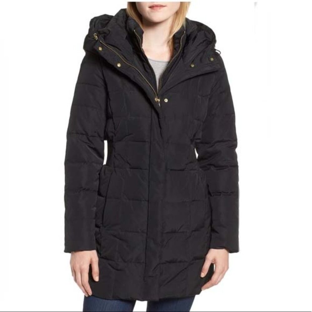 Cole Haan Black Zip Front Puffer Coat Long Down Jacket Hooded Sz. S/P